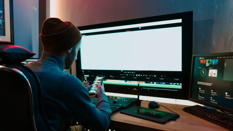 Man sitting in front of ultrawide monitor