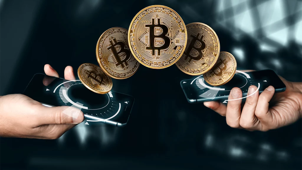 Five Bitcoin overlapping each other with one in centre highlighted