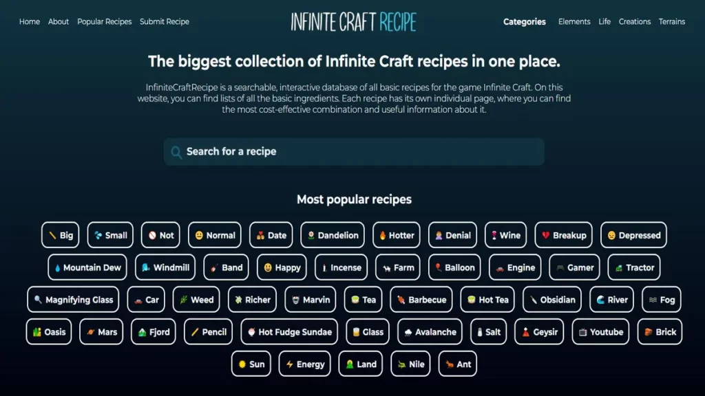Home page of infinite craft recipes