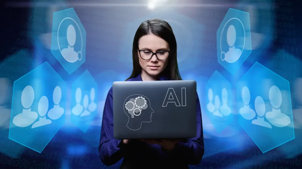 Woman with laptop humanize ai concept