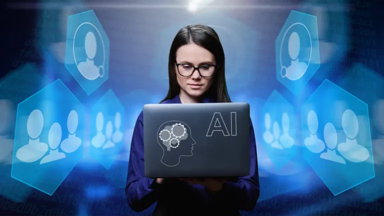 Woman with laptop humanize ai concept