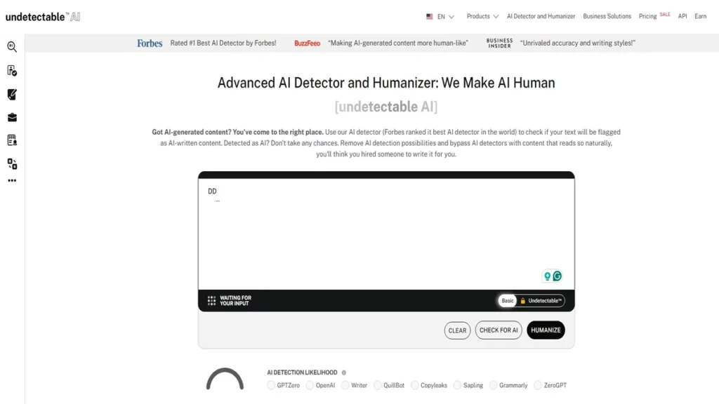 homeoage interface layout of undetectable ai