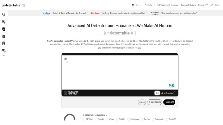 homeoage interface layout of undetectable ai