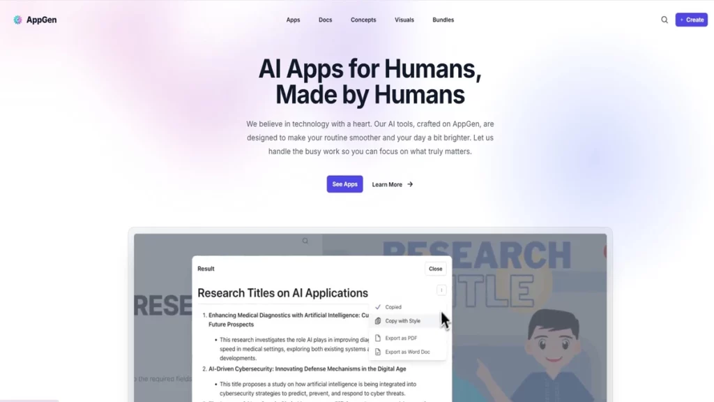 homepage interface of appgen