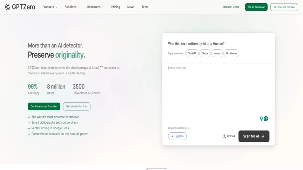 homepage of gptzero website