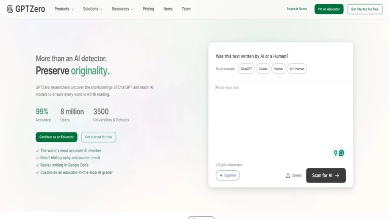 homepage of gptzero website