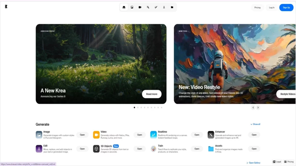 homepage of krea ai creativity tool
