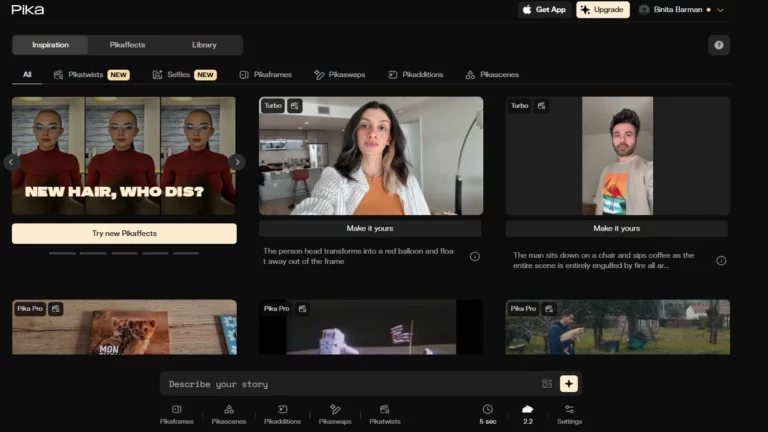 Dashboard of pika ai