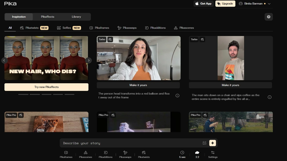 Dashboard of pika ai