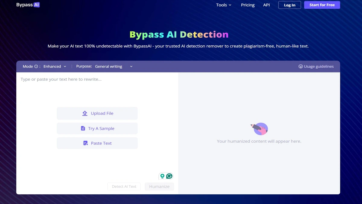 Homepage of bypass ai