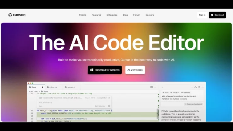 Homepage of cursor ai website