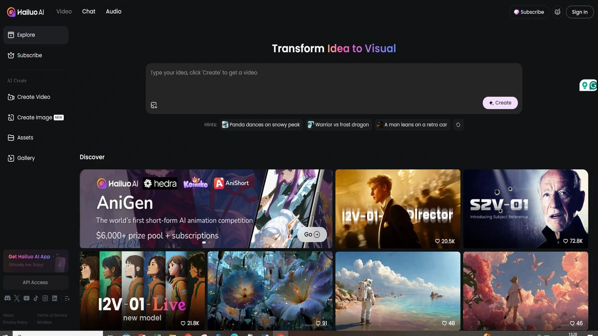 Homepage of hailuo minimax ai