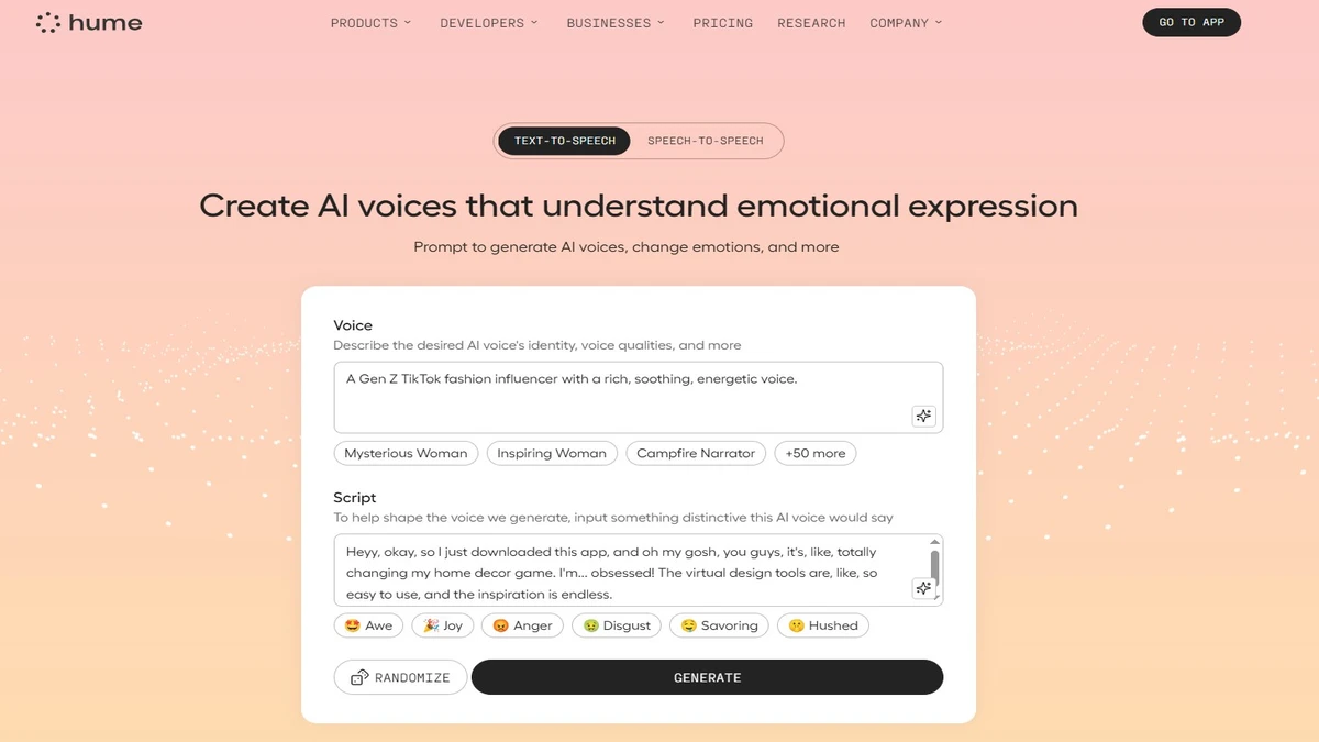 Homepage of hume ai website