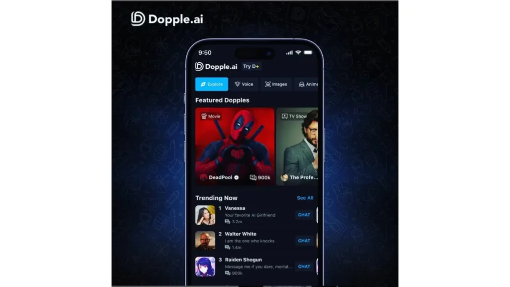 dopple ai homepage interface on mobile