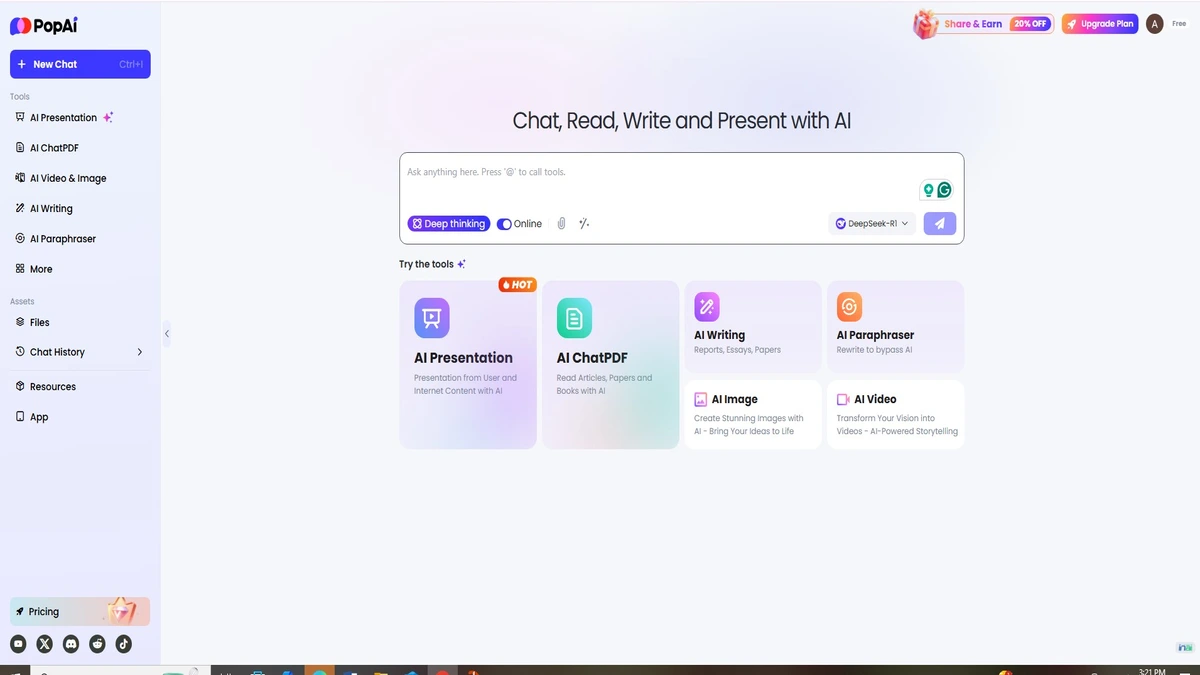 homepage interface of pop ai with dashboard