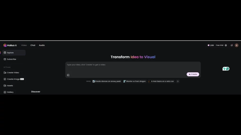 homepage with sidebar menu on hailuo ai
