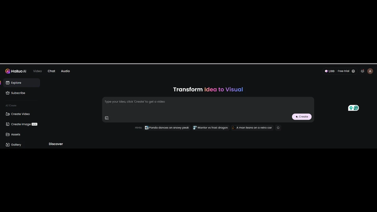 homepage with sidebar menu on hailuo ai