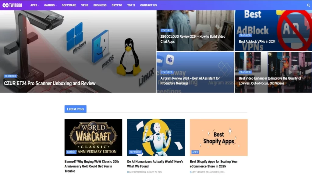 homepage of Twitgoo with various categories