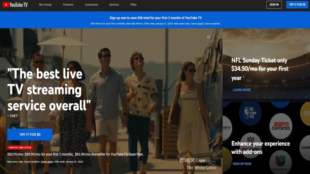 youtube tv free trial homepage