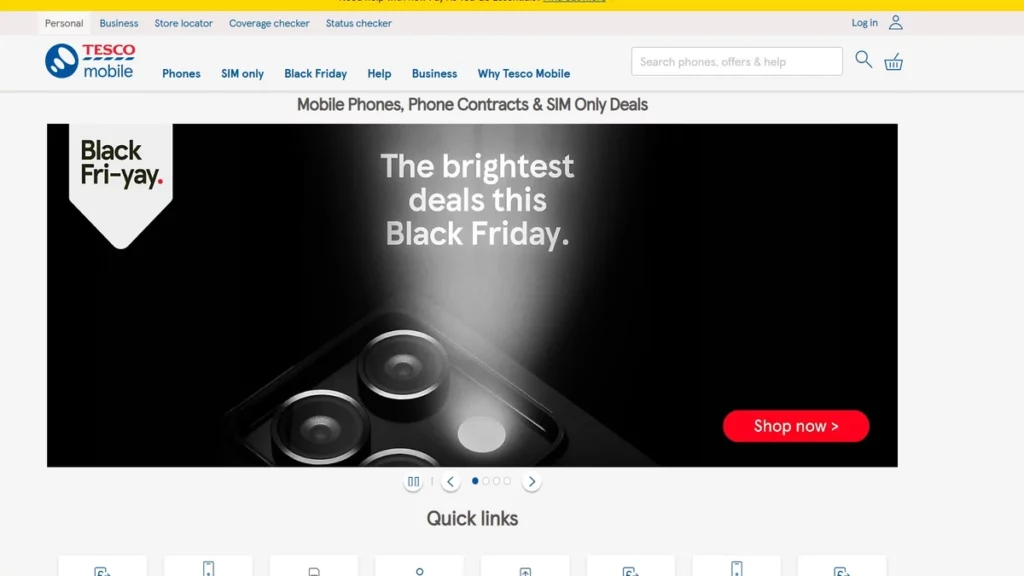 Homepage of tesco mobile